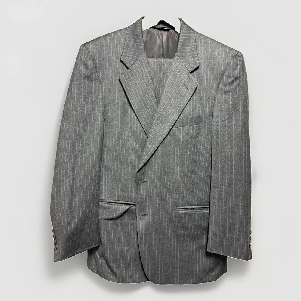 Vintage Burberrys Mens Grey Gray Striped Italian Wool Suit Blazer 36x28 Pants